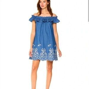 JOA denim off the shoulder embroidered 
dress